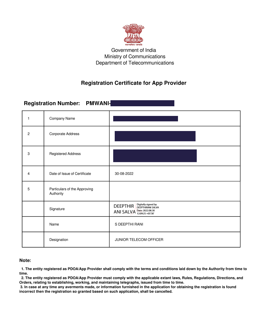 Example PM WANI App Provider Registration Certificate