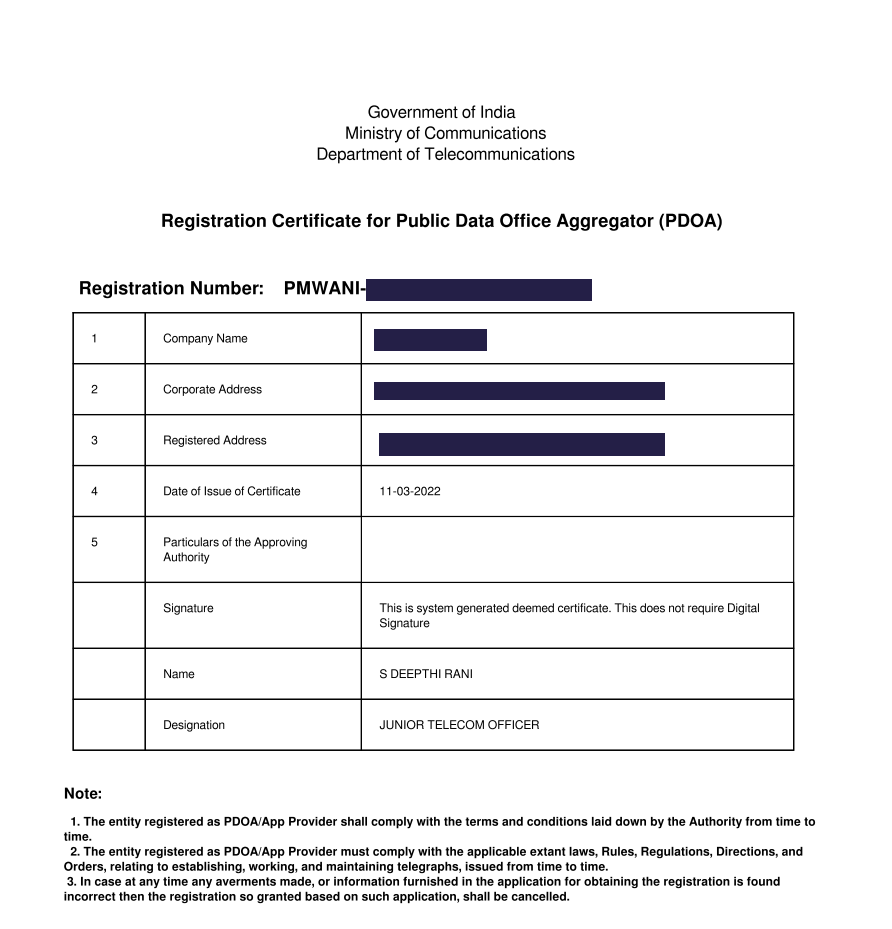 Example of a PM WANI PDOA registration certificate